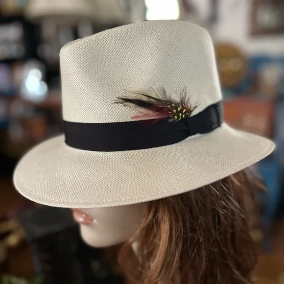 Vintage BAILEY OF HOLLYWOOD Cream Straw Fedora with Black Band and Feather bailey straw hat products for sale | eBay main image 3